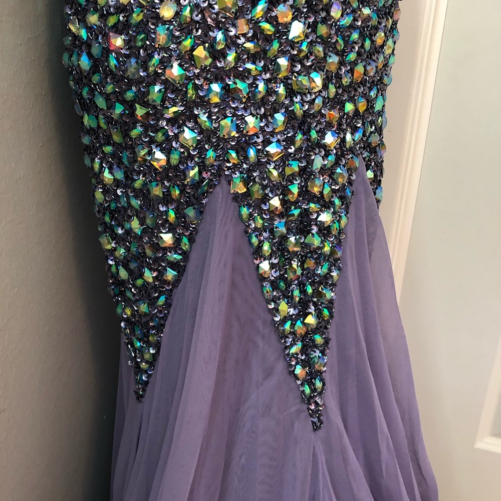 NEW JASZ COUTURE SZ 2 PERIWINKLE JEWELED NETTED ILLUSION FORMAL EVENING GOWN - Picture 8 of 14